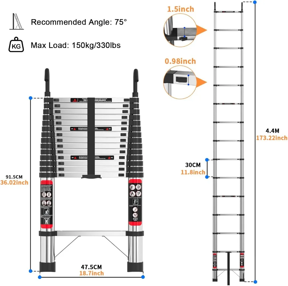 Telescoping Ladder, 14.4ft Stainless Steel Extension Ladder with 2 Hooks,Anti-Slip Rubber Feet Portable Heavy Duty Ladder