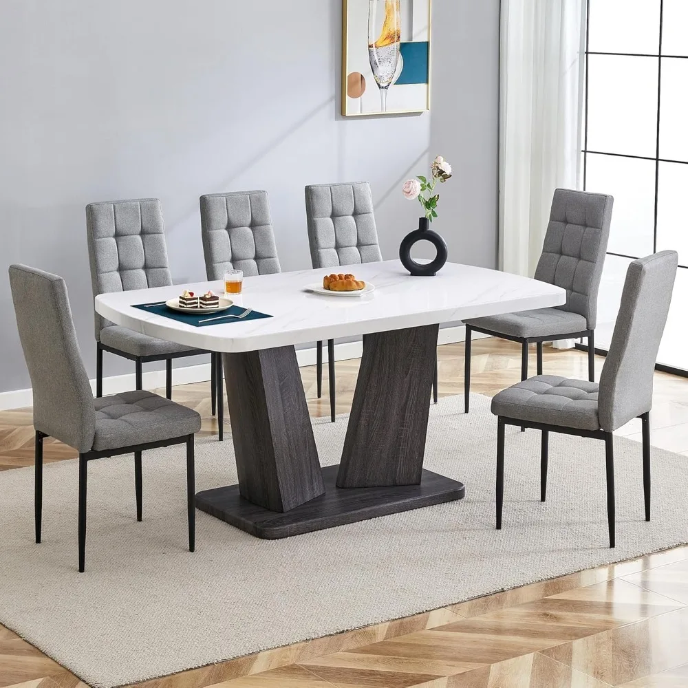 Marble Dining Table Set, V-shaped Table Wooden Legs Base,Kitchen Tables Set, 6Chairs for Kitchen,7Piece Modern Dining Tables Set