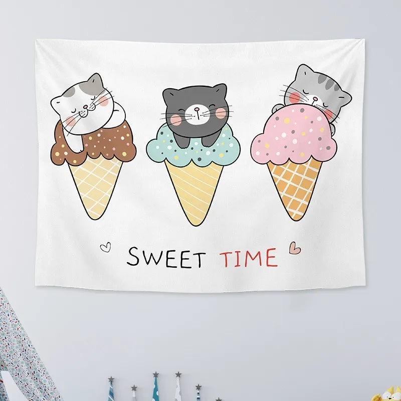 VIKAMA Girl Core Wandteppich mit süßer Katze, Kawaii-Tiermotiv, Wandbehang für Wohnzimmer, Schlafzimmer, Wohnheim, Heimdekoration