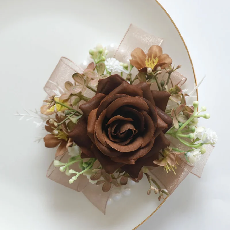 2436Wedding flower bouquet artificial flower business celebration opening guest corsage boutonniere handed flower Brown