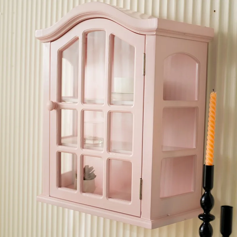 American retro wall pink wall cabinet, multi-grid wall locker, decorative cabinet with door, living room kitchen hanging cabinet