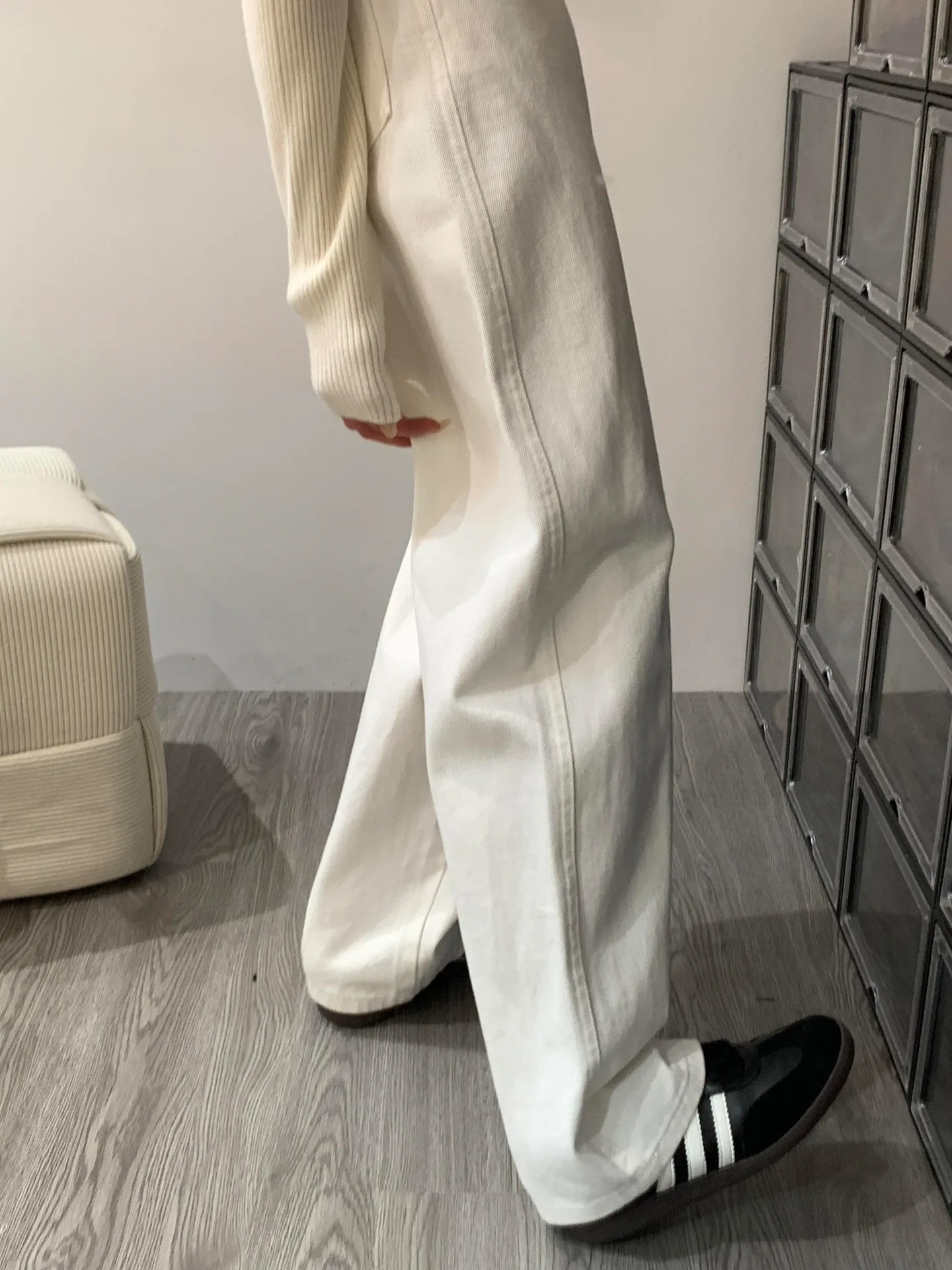White Slim Wide Leg Denim Jeans Women's High Waist Loose Drapey Small Size Straight Leg Pants Casual Style Autumn Winter