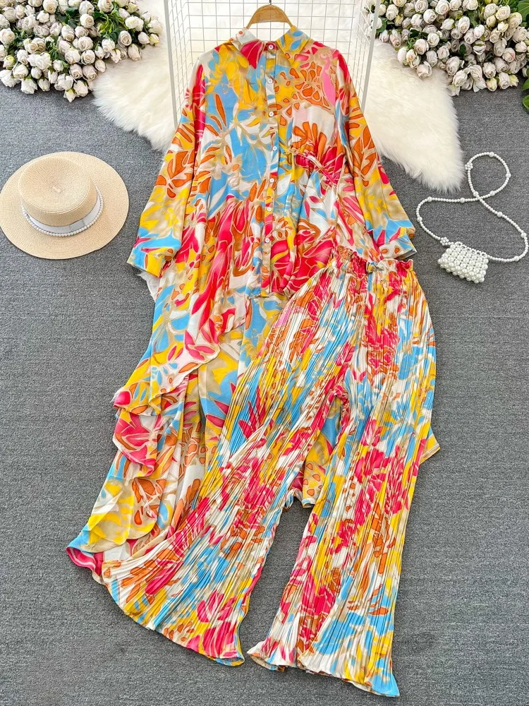 Faionable Long Sve ample Midi irt et pantalon ensemble simple bouton imprimé haut taille haute évasé gored jupe deux pièces costume