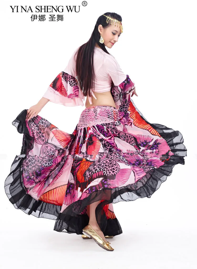 Falda gitana con estampado de flores de 720 grados, ropa Tribal para danza del vientre, disfraz de danza del vientre, ropa de Flamenco, espectáculo de escenario español egipcio