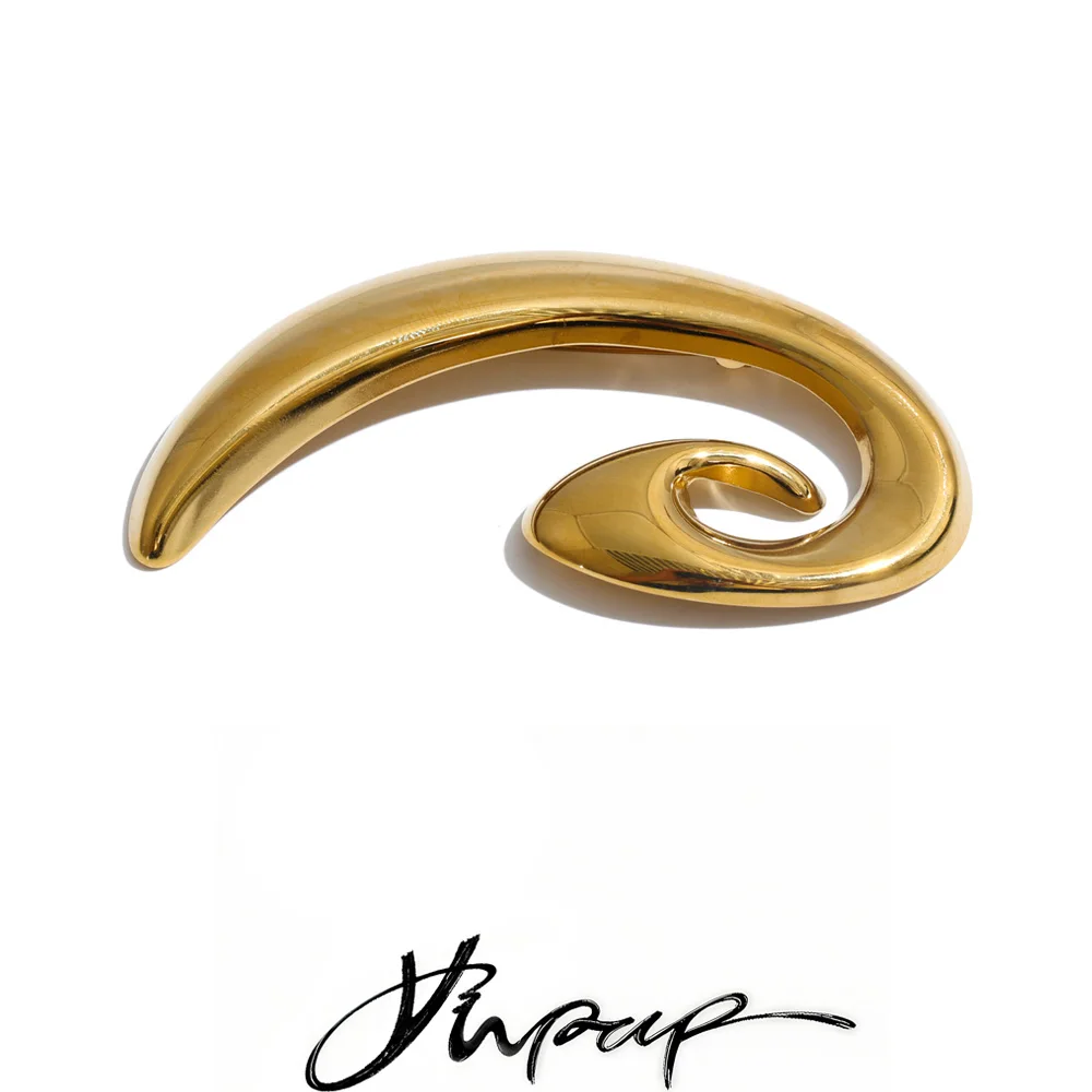 Yhpup Stainless Steel Brooches for Men Women Gold Color Curved Abstract Swirl Wave Modern Pins Minimalist Jewelry Gift