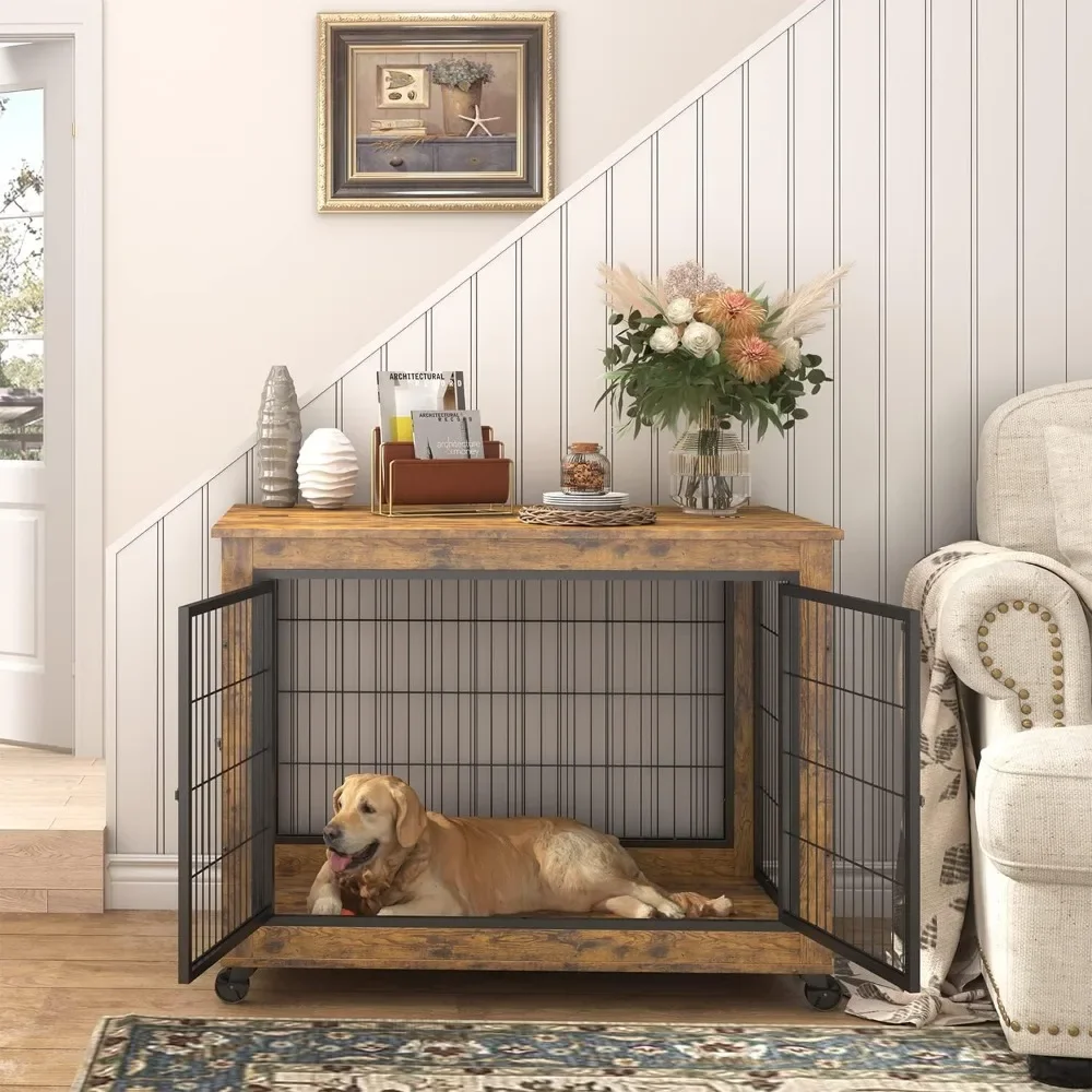 Wooden Dog Crate Table Furniture, Dog Kennel , Flip-up Top Opening and Wheels, Decorative Pet Crate  38.6