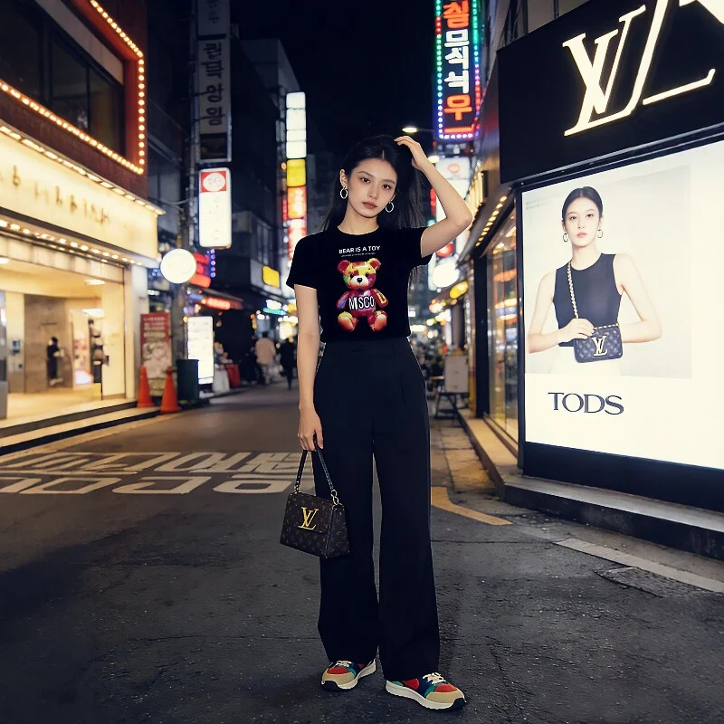 Trendy Black Bear 3D Print round Neck Short Sleeve T-Shirt for Women Stylish Streetwear New Arrival 2026