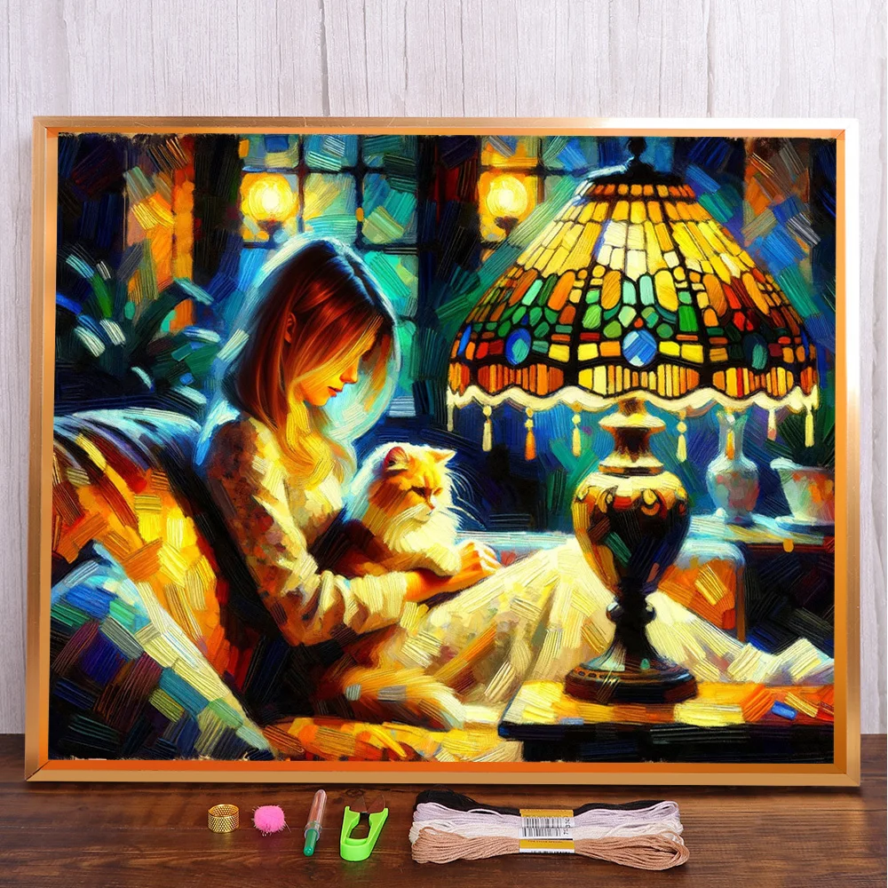 

Girl Cat Printed Canvas 11CT Cross Stitch Kit Embroidery DMC Threads Needlework Hobby Painting Handiwork Magic Counted Stamped