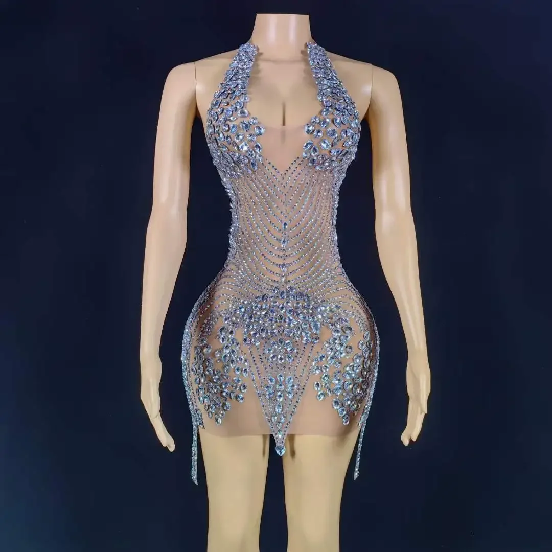

Luxury Silver Women Rhinestone Singer Stage Short Dress Stunning Sexy Birthday Queen Dancewear 2025