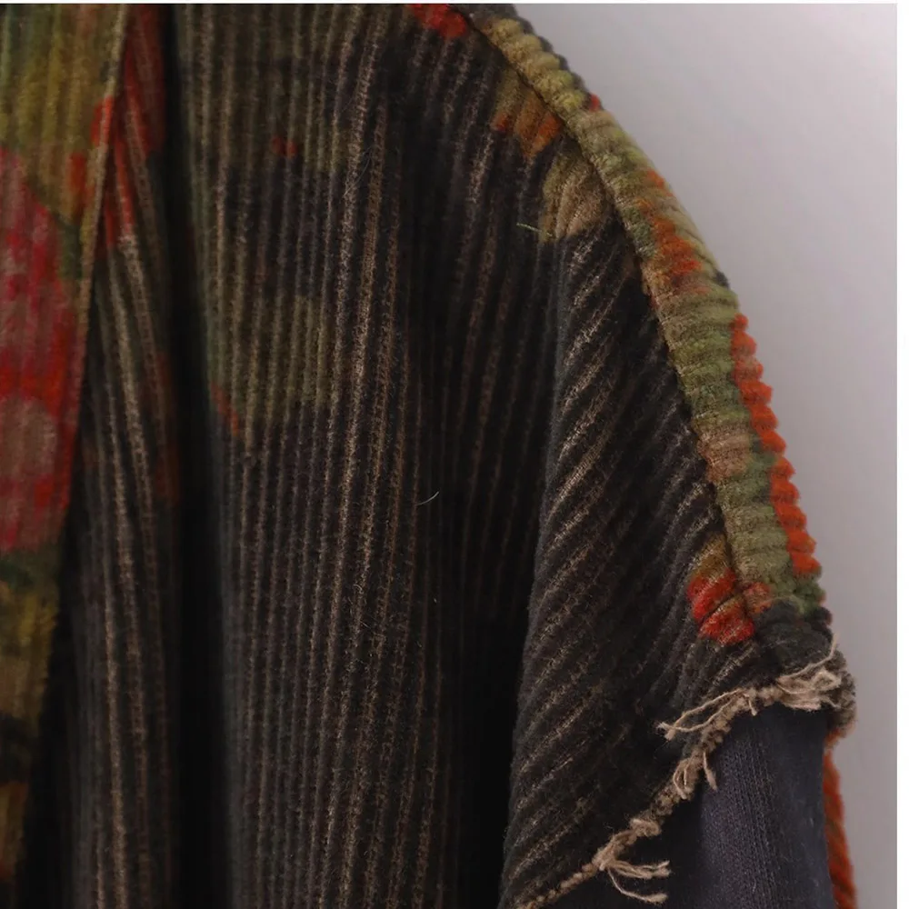 Original Cord bedruckte Patchwork-lange Windjacke für Damen, lockerer, beschädigter Schnitt, Schnür-Retro-Cardigan in Übergröße vorne