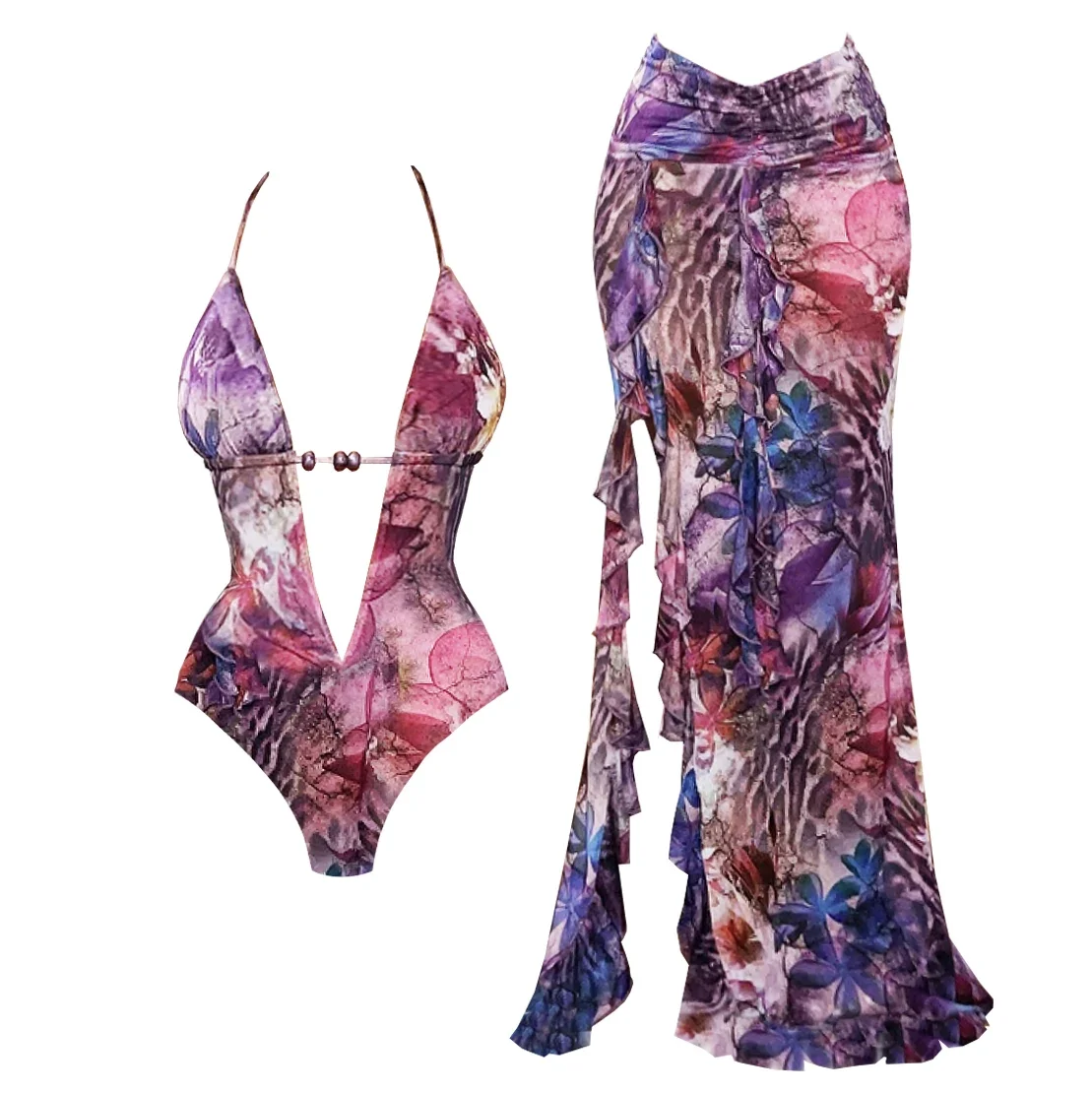 

2025 New Retro Prints High Quality One Piece Swimsuit And Skirt Print Deep-V Lace-up Women Bikini Set Swimwear Bathing Suit