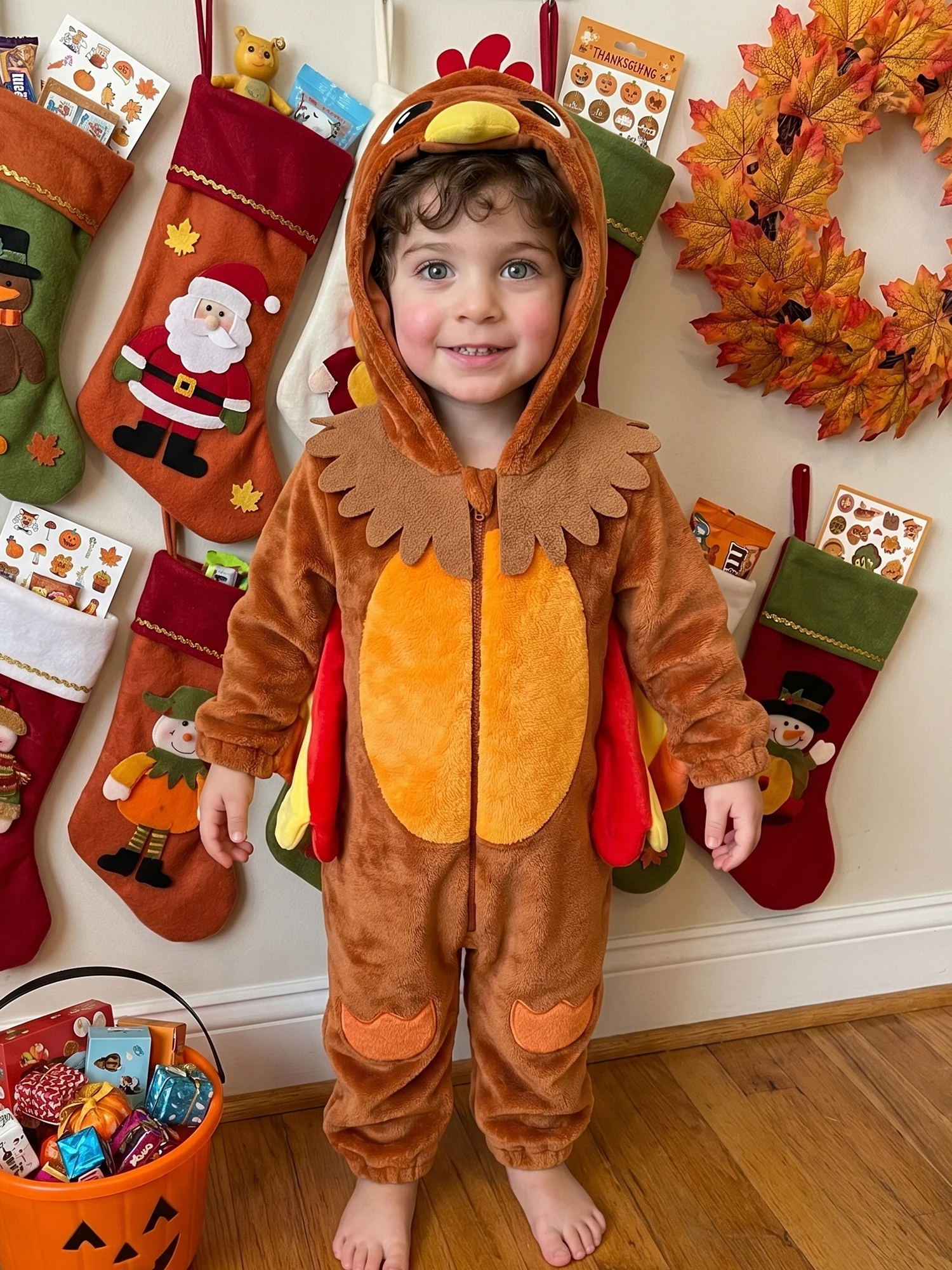 Turkey Toddler-Baby-Thanksgiving Baby Romper Zip Front Long Front Hooded Long Toddler Romper Zip Toddler Baby Thanksgiving