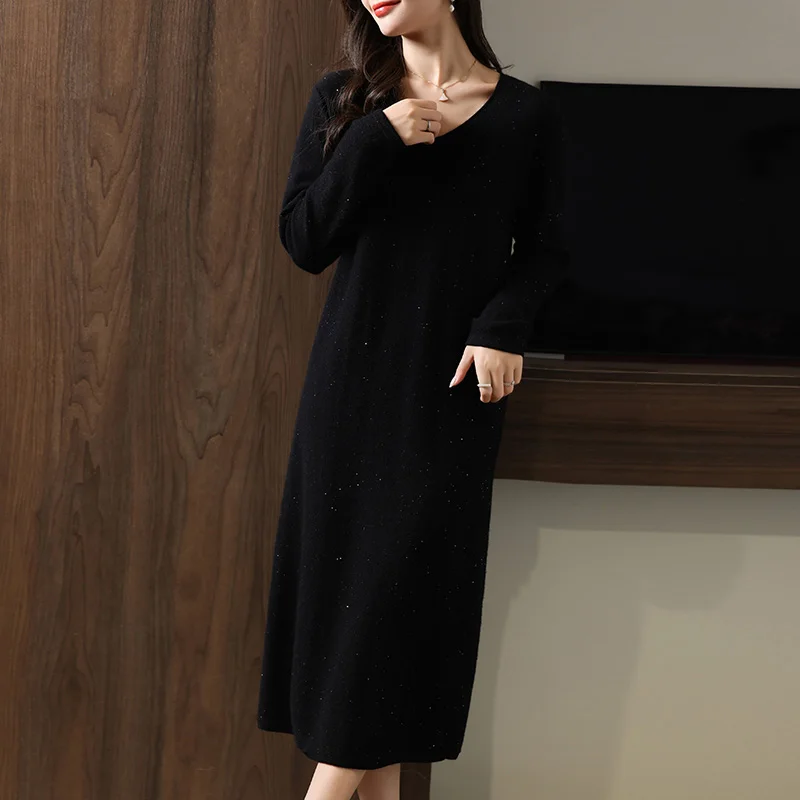 

100% merino wool women's knitted dress, casual, fashionable, bright silk, V-neck, loose, new autumn and winter 2024