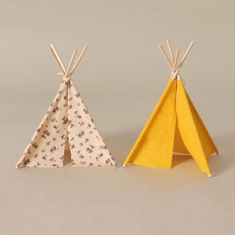 1 Set Handmade Simulation Miniature Camping Tent Model With Flower Wave Point Pattern 1/12 Doll House Scene Decoration