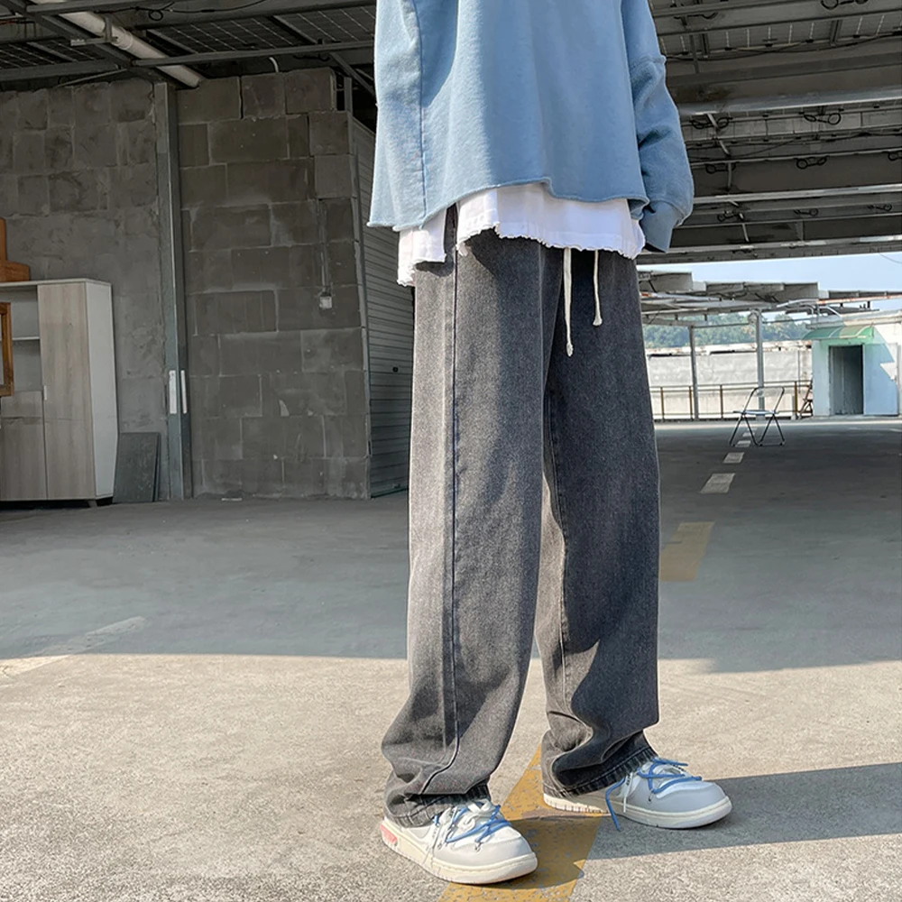 Baggy Jeans Men 2023 New Drawstring Elastic Waist Straight Wide Leg Pants  Fashion Black Hip Hop Denim Trousers Light Blue