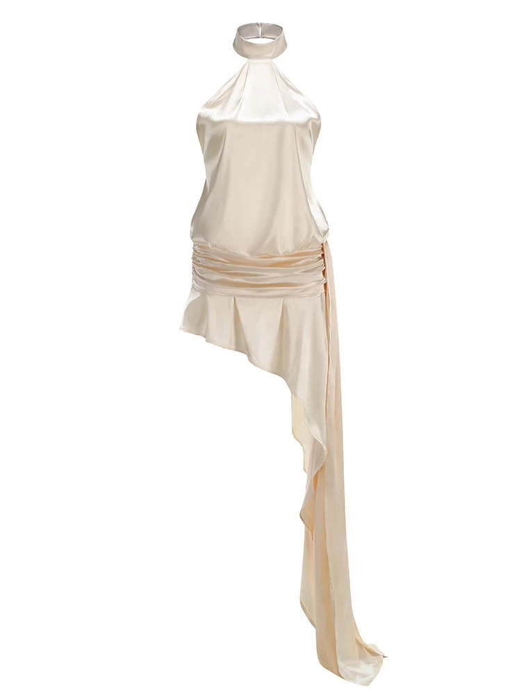 Minivestido Sexy con cuello Halter y pliegues sin espalda para mujer, vestidos ajustados drapeados con cordones, color Beige, para fiesta de cóctel, boda y noche