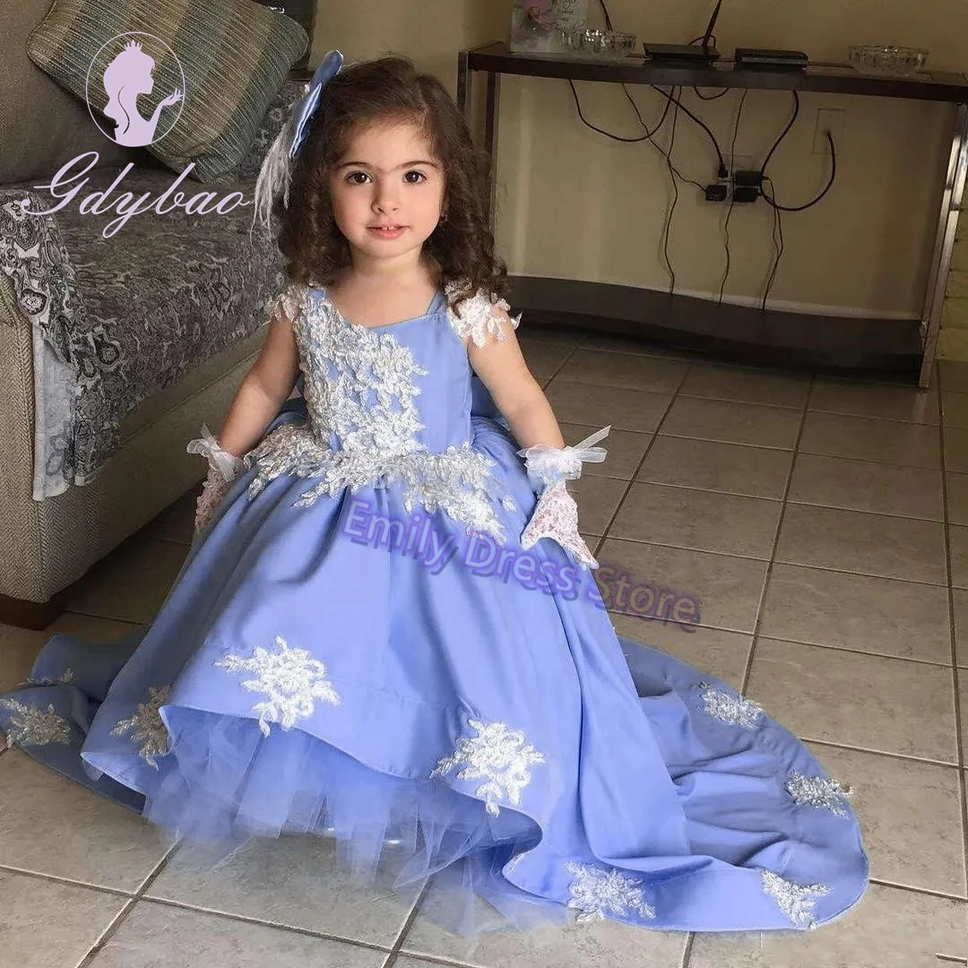 Königsblau Blumen mädchen Kleid für Hochzeit Spitze Applqique geschwollene ärmellose Prinzessin Festzug Kind Baby Geburtstag Erstkommunion Kleid