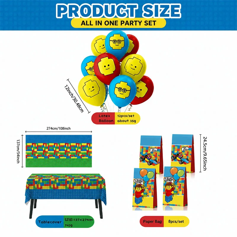 Building Block Combination Set Birthday Party Supplies Paper Bag Tablecloth Balloon Easy To Carry And Use Perfect Decorations view 3
