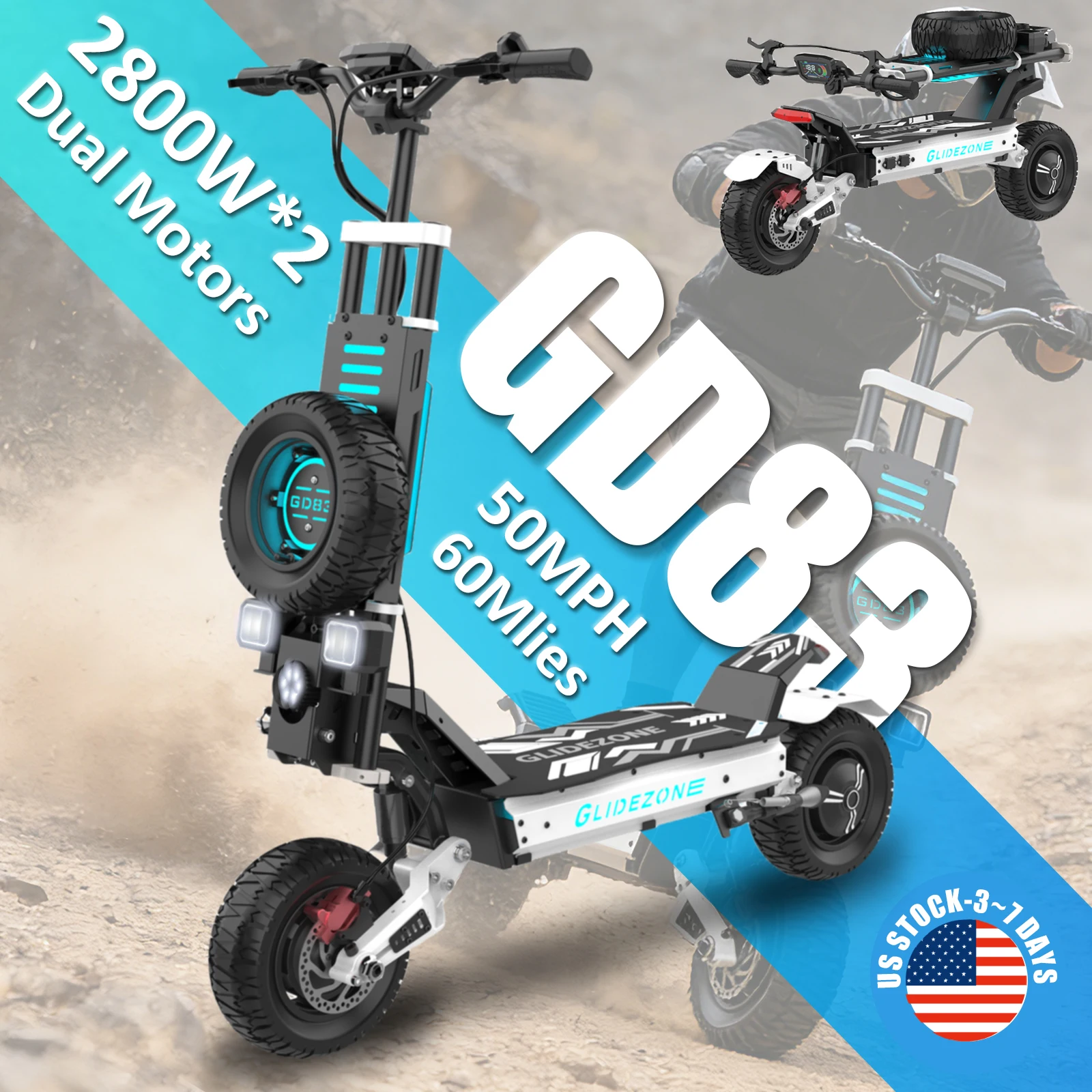 GD83 5600W Peak Electric Scooter Dual Motors 50MPH Max Speed 60V30Ah Battery 60Miles Long Range Front&Rear Disc Brakes Dual Shock Absorbers 11'' All Terrain Tires with Spare Tire Smart LED NFC Unlocking 5A Fast Charging Foldable Off-Road Escooter US Stock