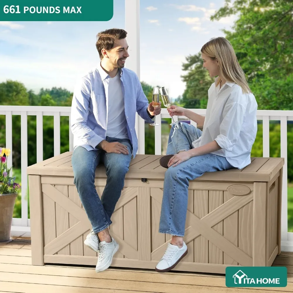 

120 gallon large outdoor storage box with X-shaped front, waterproof resin deck box, terrace buffer storage platform