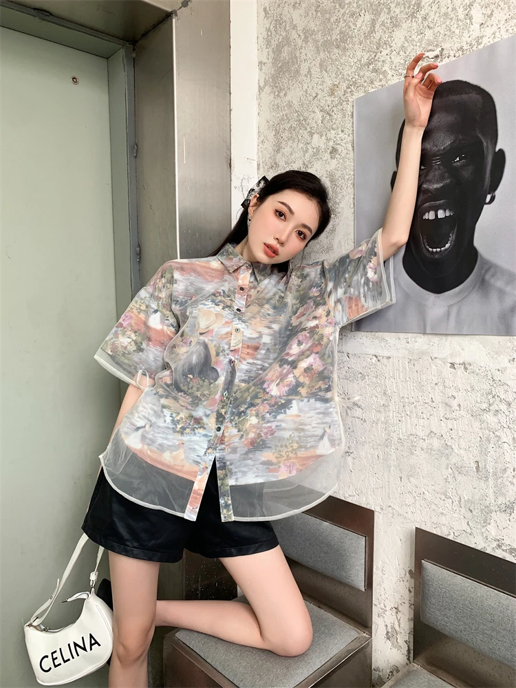 CHEERART Oil Painting Patchwork Organza Floral Short Sleeve Shirt For Women Summer Top Collared Shirt Blouse High Fashin Clothes