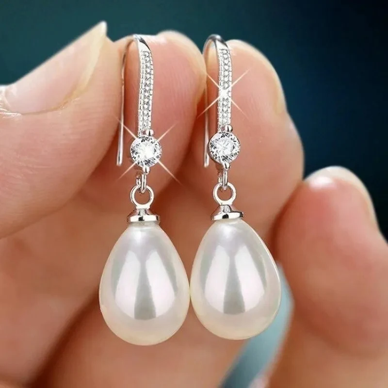 New Exquisite Fashion Silver Color Water Imitation Pearls Drop Earrings for Women Shiny Red Green Round Wedding Jewelry Gifts