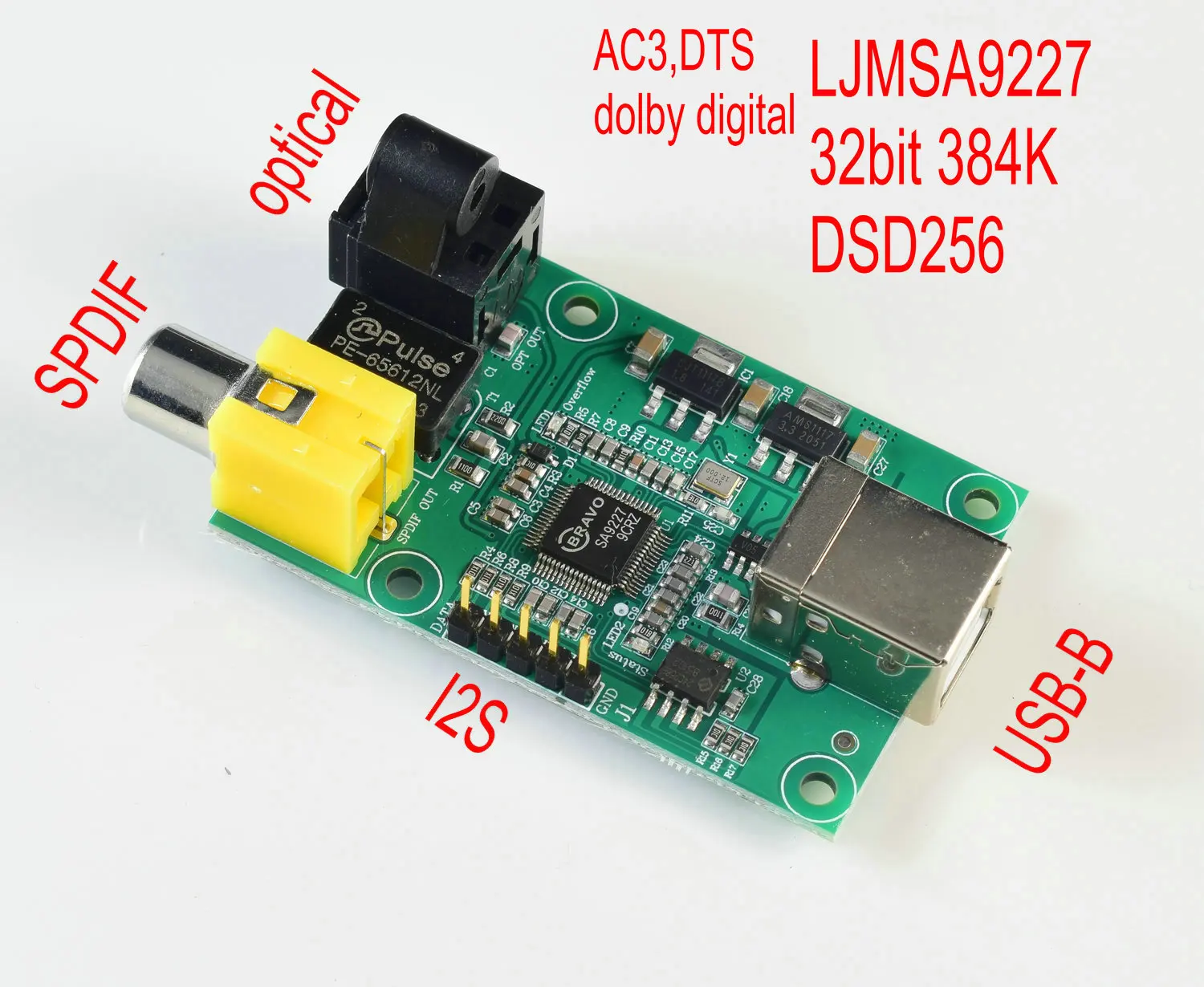 Mini SA9227 USB To SPDIF Optical I2S Stereo HiFi DAC Board DSD256  32BIT 384K Support AC3,DTS,DOLBY Digital Source Code Output