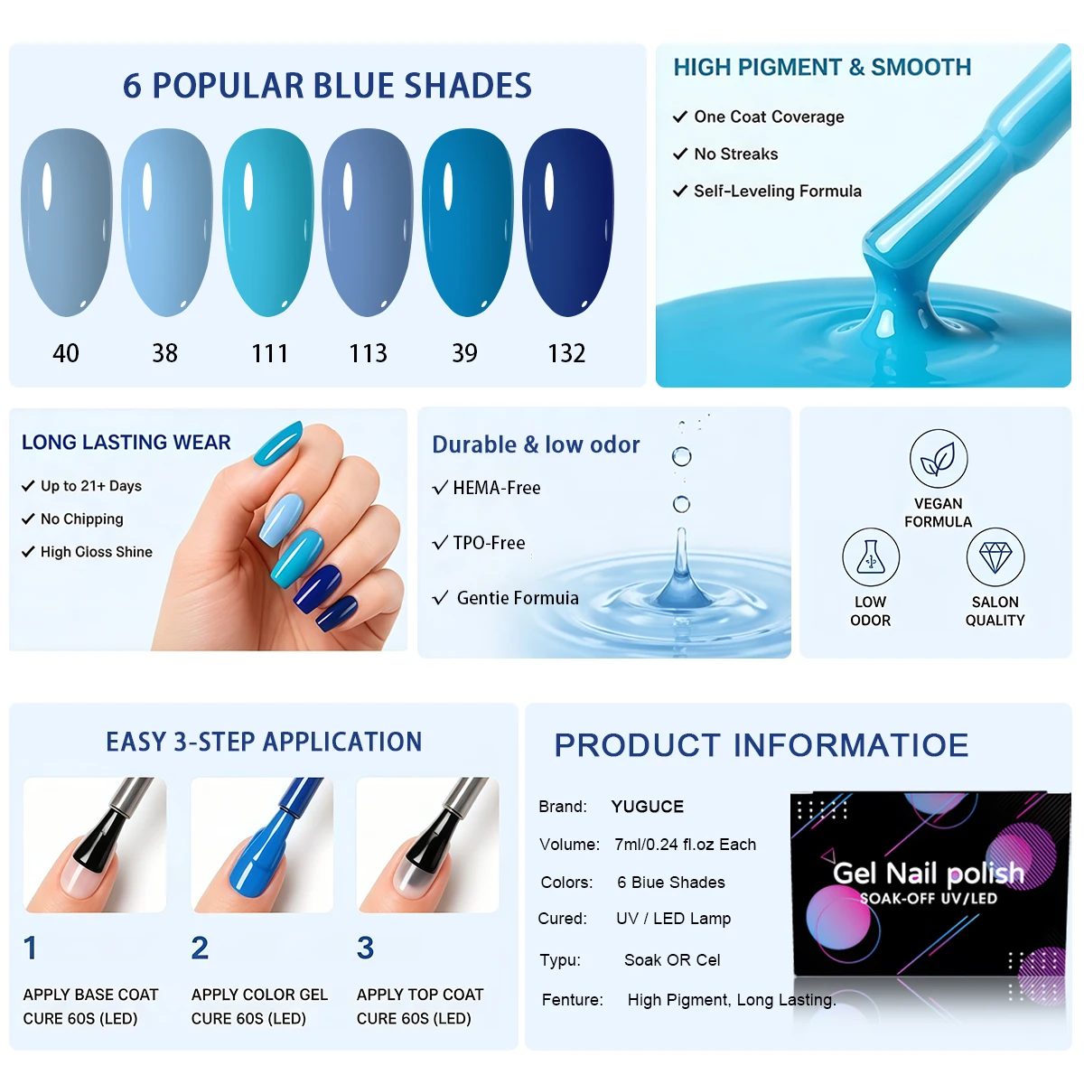 6-piece blue-toned gel nail po - огляд і ціна Nail Art Denim