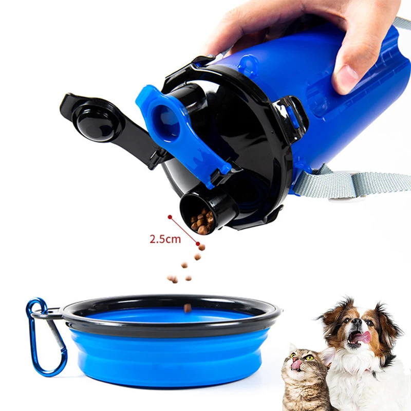 2 IN 1 Dog Cat Travel Water Bottle Food Container with Folding Silicone Bowl Outdoor Double Used Pet Water Bottle Feeding Bowls