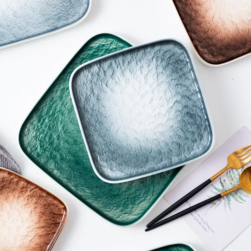 Ceramic Tableware Square Plate Stone Patterned Plate Light Luxury Restaurant Home Steak Exquisite Ceramic Tableware