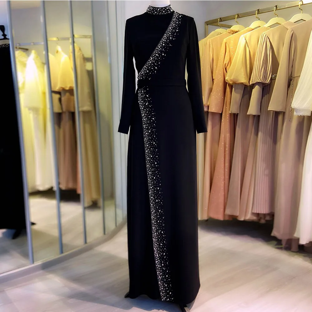 Black Jersey Evening Dress For Women Moroccan Caftan High Neck Full Sleeves Prom Dress Formal Crystal Mermaid Robes De Soirée