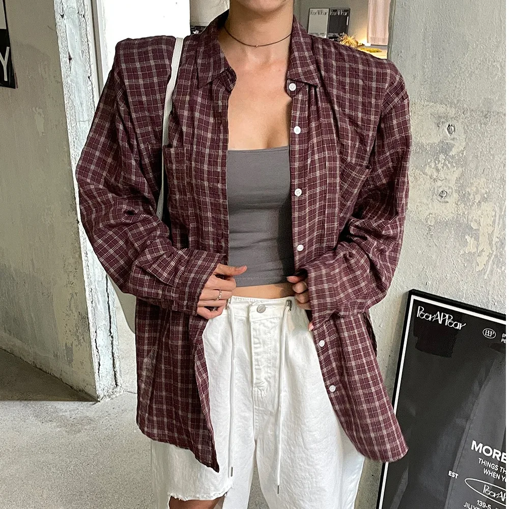 

Повседневный шикарный женский длинный све ирт в Корейском стиле, простой дизайн, утягивающий клетчатый воротник-стойка с открытым разрезом Faion Commute Wind