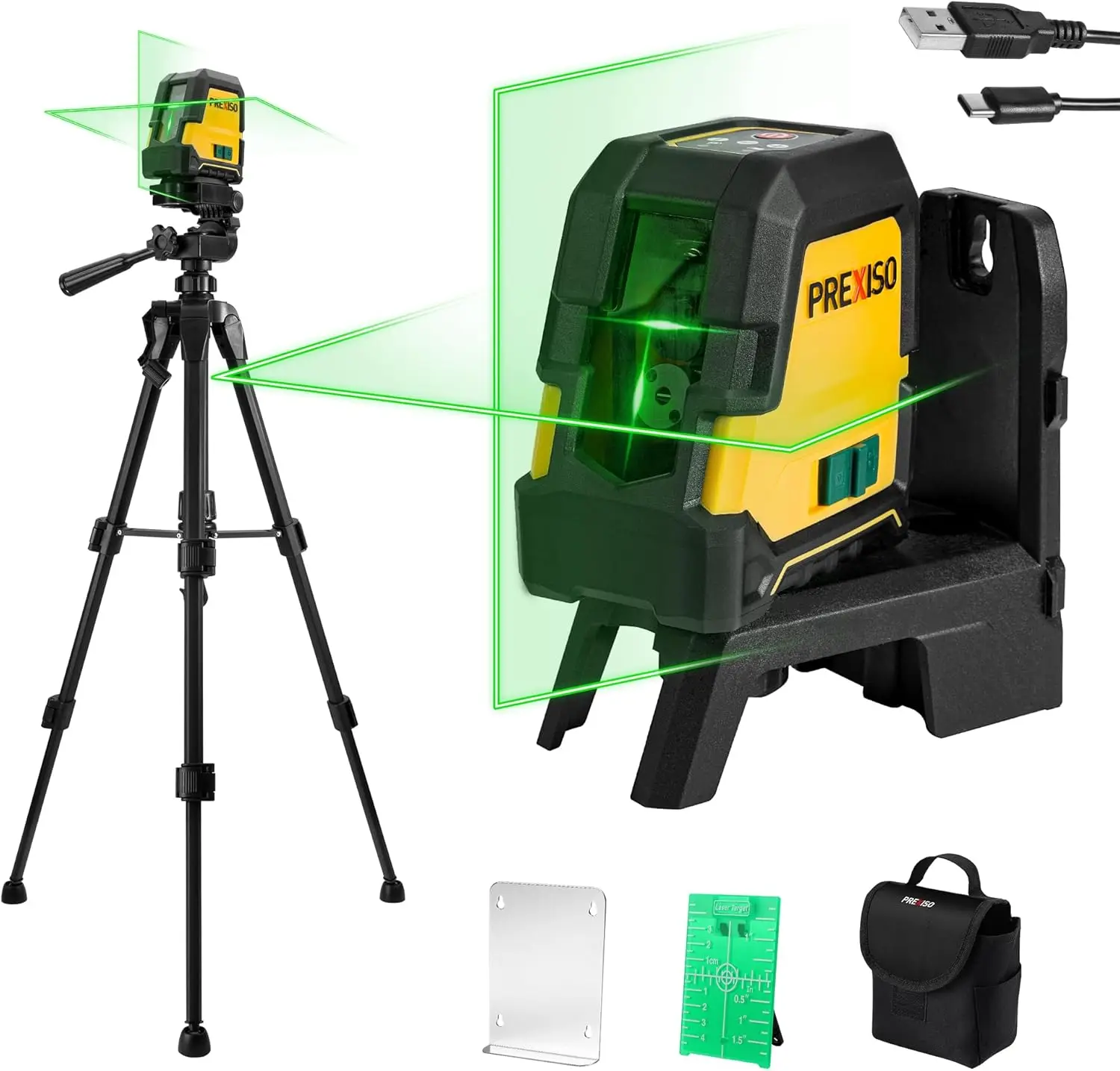 PREXISO Laser Level with Tripod - 100Ft Rechargeable Dual Modules Line Laser, Self Leveling Wide Angle Cross Leveler Tool