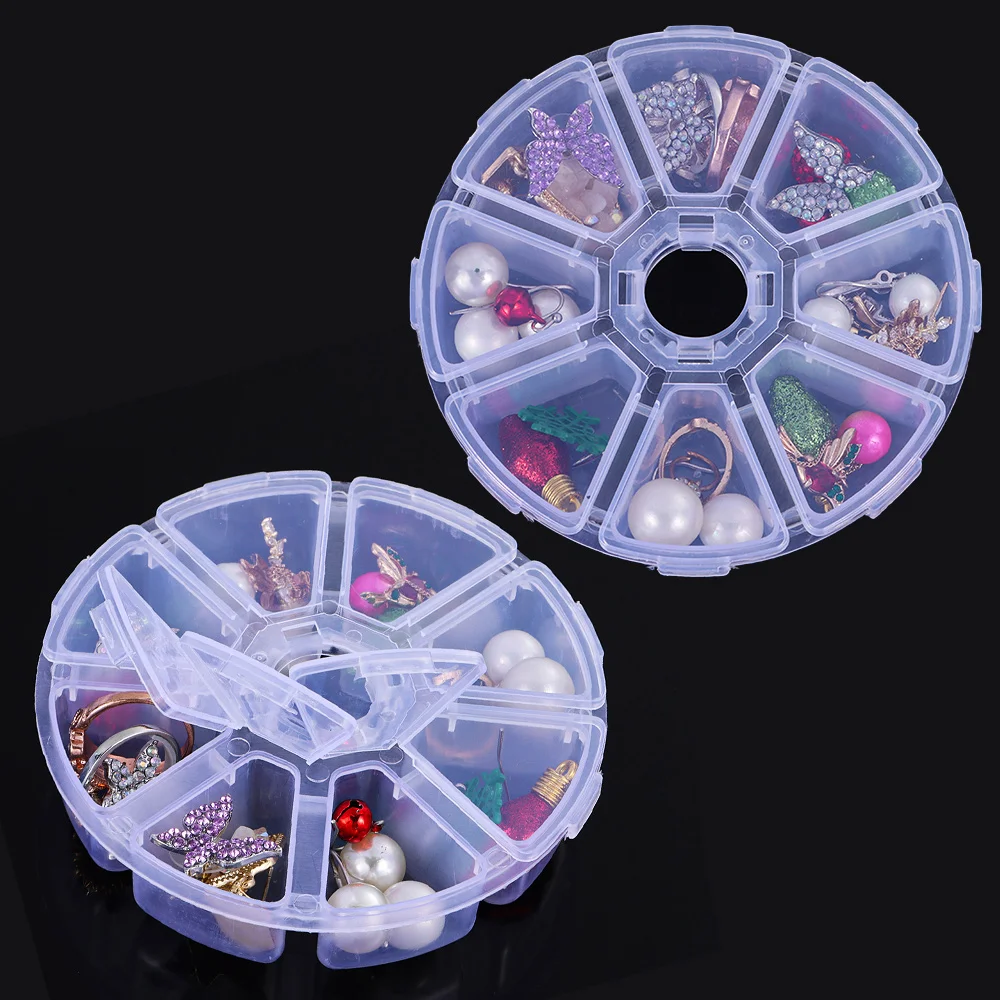 Tool Beads Organizer Jewelry Container 8 Grids Nail Art Rhinestones Case Fashion Transparent Round Organizer Home Storage Tool