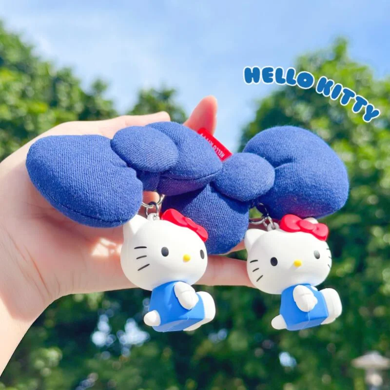 Hello Kitty Denim Bow Keychain Bag Pendant Cartoon Car Key Hanging Decor Daily Accessory Gift view 3