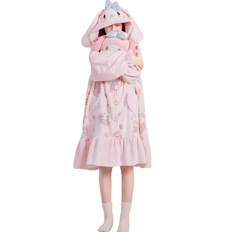 Cartoon Donna Peluche Pigiama Robe Set My Melody Sanrio Anime Kawaii Homewear Inverno Stile lungo Addensato Camicia da notte Pantaloni Dolce