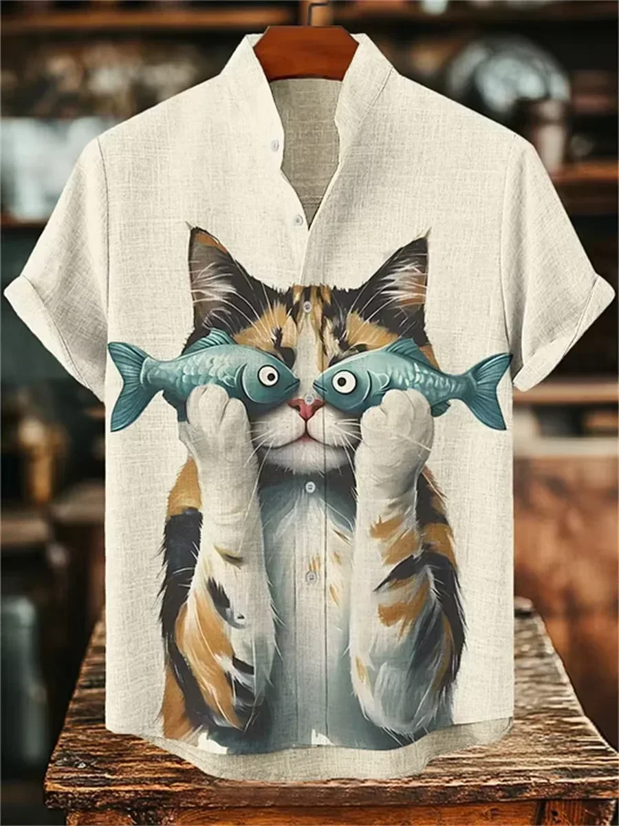 Men's Hawaiian Short Sleeve Shirt Vintage Black Cat Floral Cloud Ukiyo-e All Over Print Oriental Casual Beach Mens Clothing