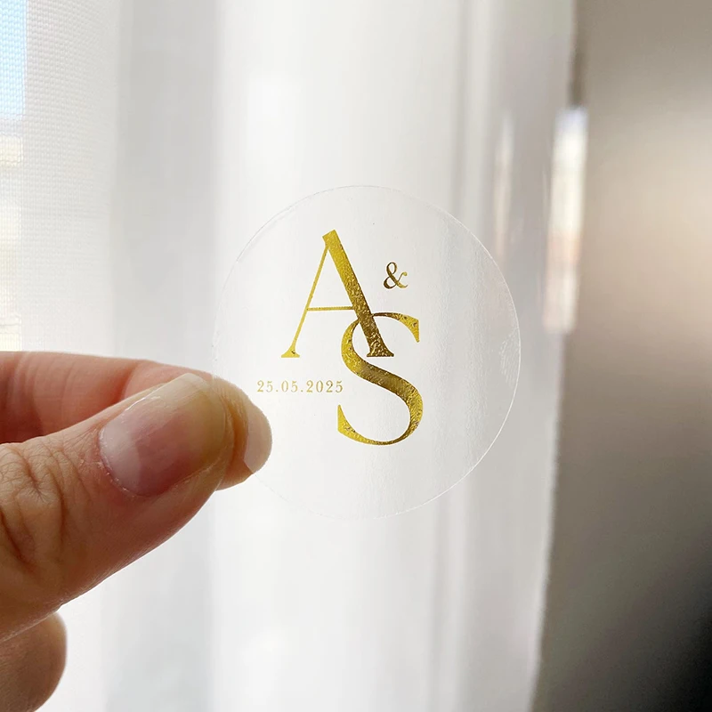 

Custom Gold Foil Wedding Stickers Labels Personalized Wedding Invitation Seals Names Initial Clear Stickers