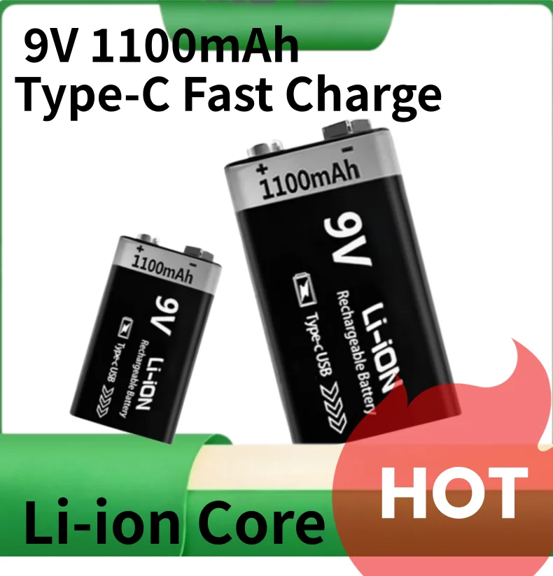 1100mAh 9V Rechargeable Lithium Battery with USB-C, 9 Volt Li-ion for Smoke Detector, Multimeter, Alarm Clock