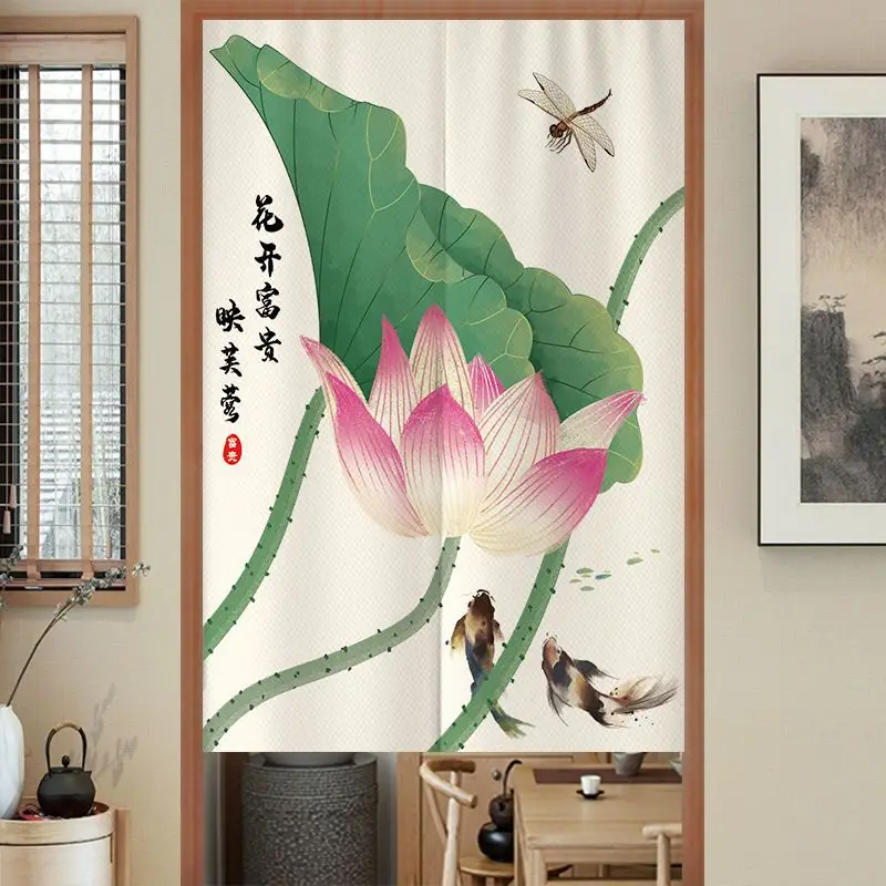 New Chinese Style Flower And Bird Fabric Half Curtain Partition No Punching for Home Decor Door Curtain Japanese Noren Style