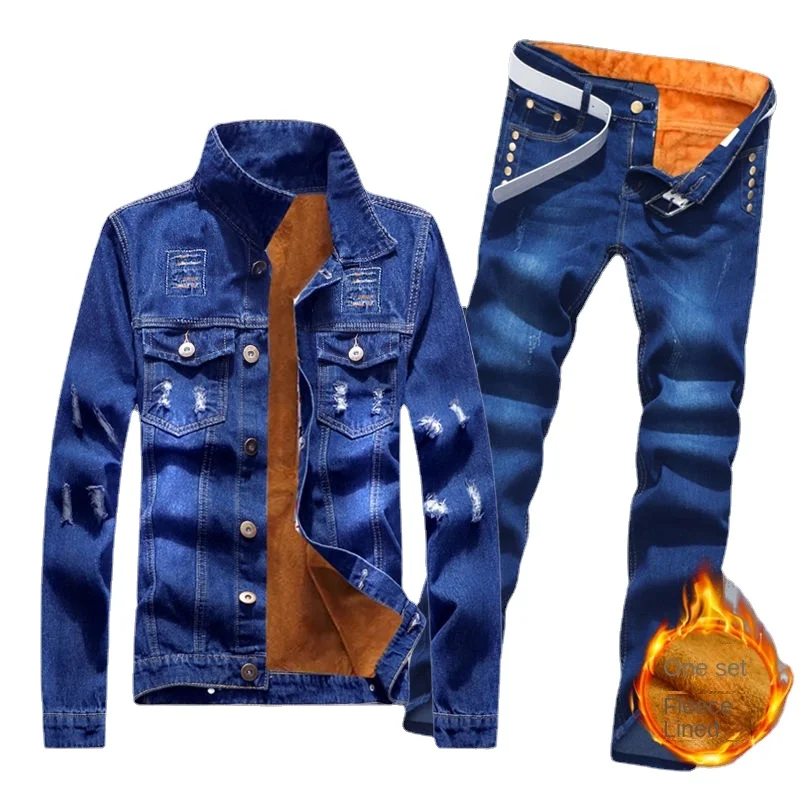 Plush denim jacket suit men\'s winter thickened top trousers suit warm business fashion