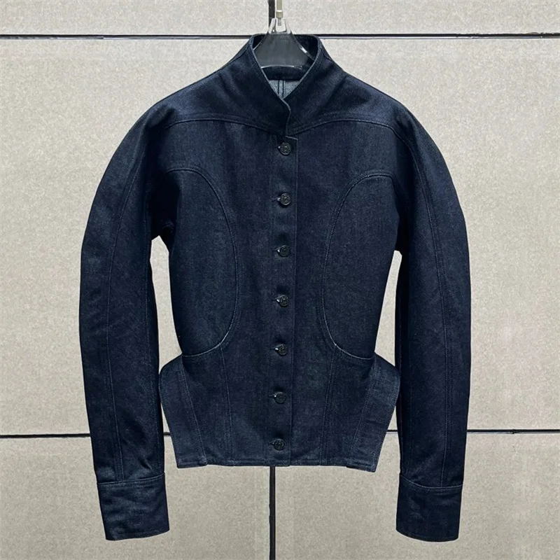 

Женская джинсовая куртка, новинка осени 2025, однобортное облегающее пальто со стоячим воротником и длинными рукавами, женское пальто из чистого хлопка в стиле ретро
