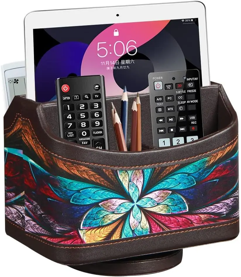 

360° Rotating Remote Control Holder, PU Leather Organizer with 5 Compartments for Desk Accessories