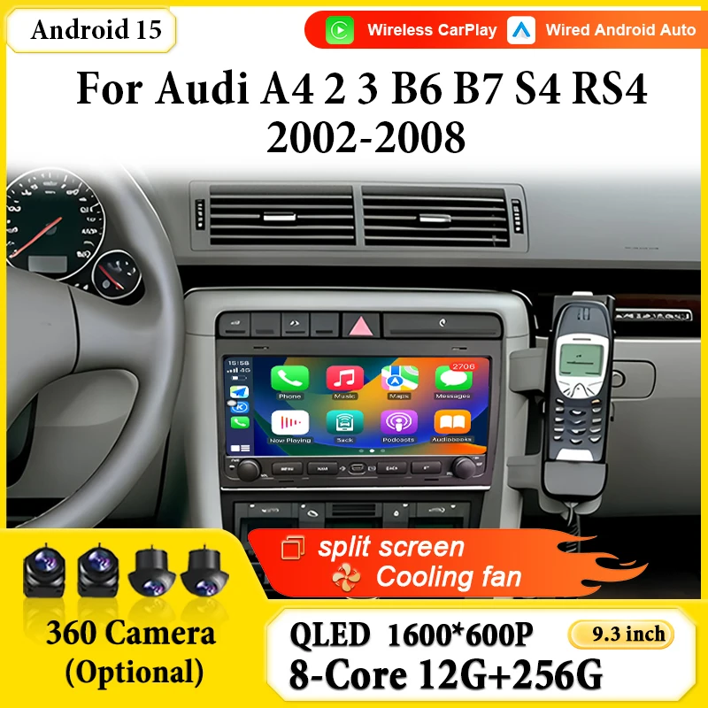 Car Radio Android 15 For Audi A4 2 3 B6 B7 S4 RS4 2002-2008 Navigation GPS Android Auto Stereo Carplay Screen WIFI 4G Bluetooth