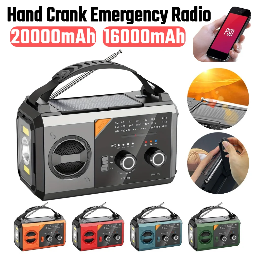 Manivela Solar de 20000mAh/16000mAh, Radio de emergencia, linterna y luz de lectura AM FM NOAA, Radio de emergencia, alarma SOS para emergencias