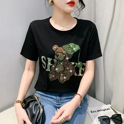 2023 New Summer European Style Cotton T-Shirt Chic Sexy Shiny Diamonds Cartoon Bear Women's Tops Short Sleeve Loose Tees 33103