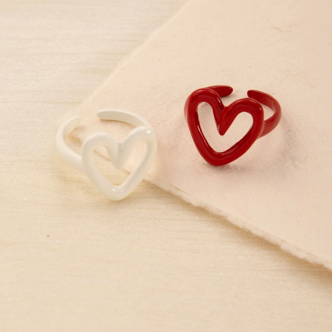 White Red Enamel Heart Sweet Ring Trendy Geometric Dripping Oil for Women Girls Funny Y2K Opening Rings Jewelry Gift Wholesale