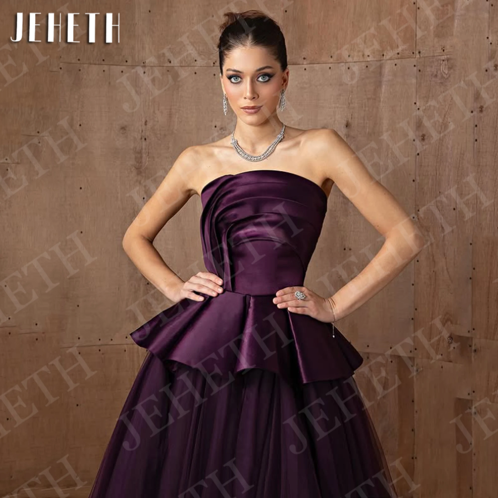 فساتين JEHETH أنيقة باللون الأرجواني بدون حمالات للحفلات الراقصة 2026 منتفخة طويلة من التل للنساء فستان حفلات على شكل حرف A مخصص بدون أكمام من Fساتين أنيقة الأرجواني Strapless فساتين حفل 2026 نفخ طويل Tulle امرأة خط حف #3