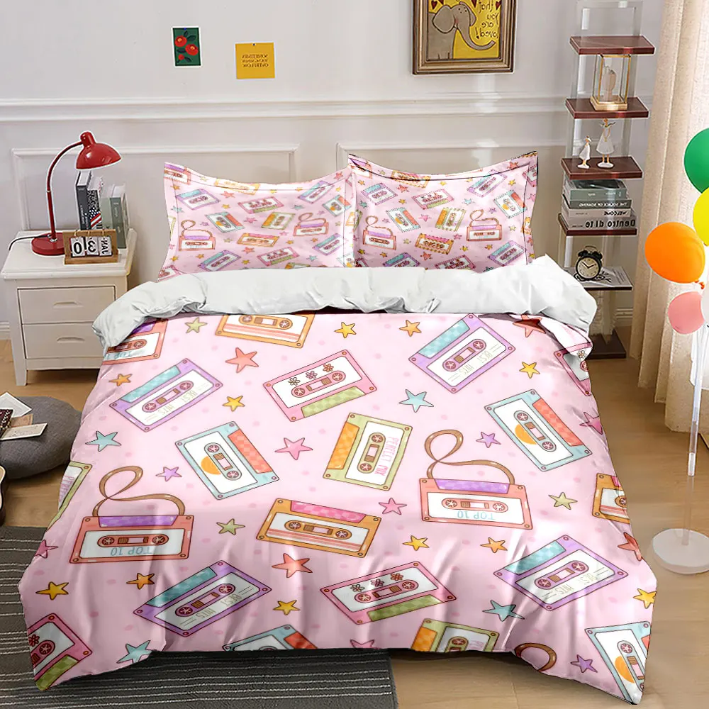 Retro Cassette Pattern Decor Set Bedding Set with 1 Duvet Cover 2 Pillowcases Single Double King Queen, Gift