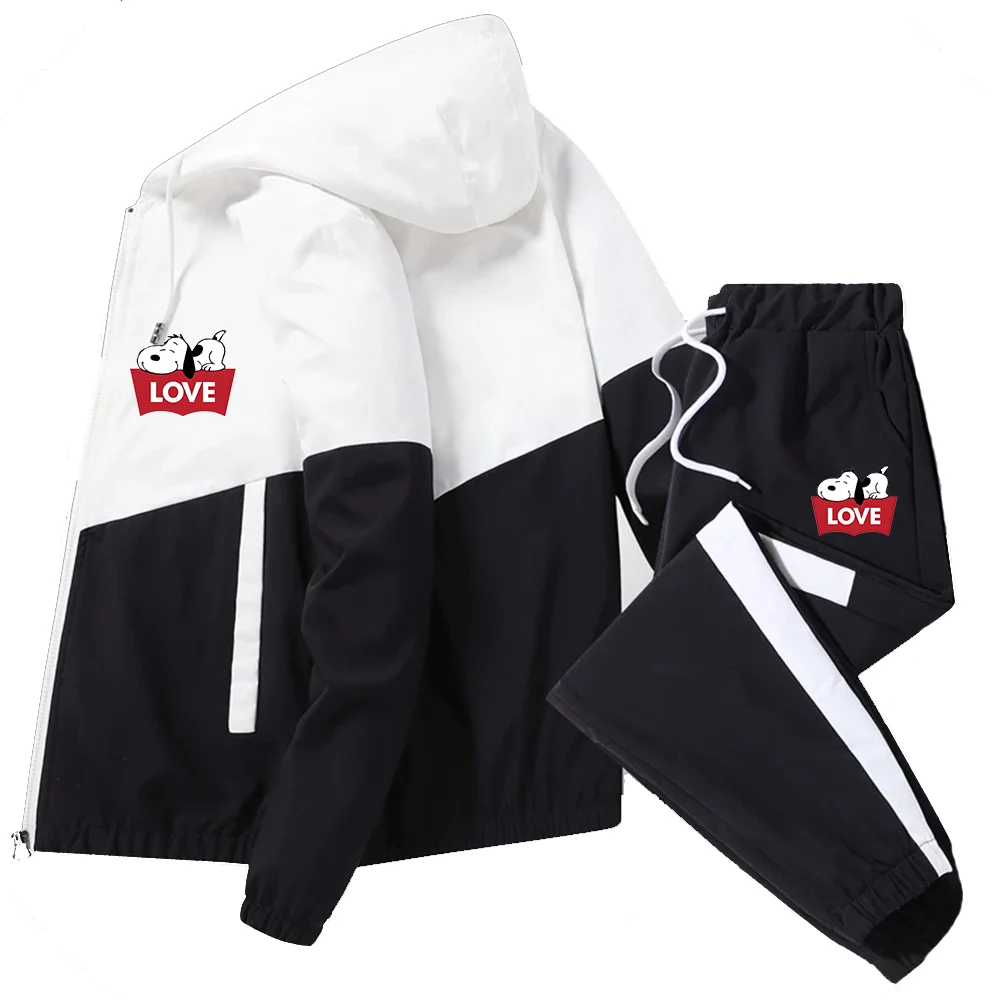 Snoopy Spring And Autumn New That Is Sports Suit Loose Drawstring Solid Color Pants Casual Round Neck Striped Zipper Jacket